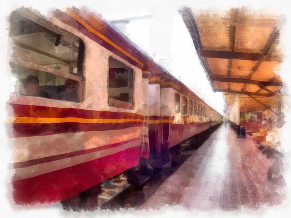 Trem Uma Estação Trem Tailândia Aquarela Estilo Ilustração Impressionista Pintura — Fotografia de Stock