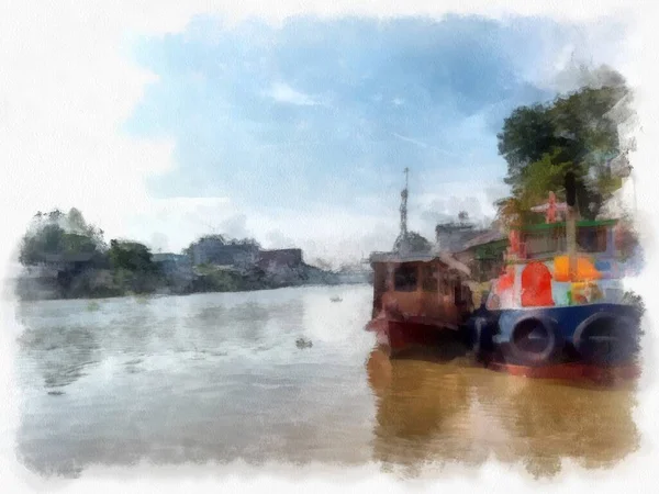 Flusslandschaft Mit Booten Ufer Vertäut Aquarell Stil Illustration Impressionistische Malerei — Stockfoto