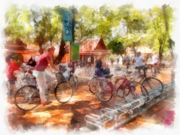 Parcheggio Pubblico Biciclette Nel Parco Mattino Acquerello Stile Illustrazione Impressionista — Foto Stock