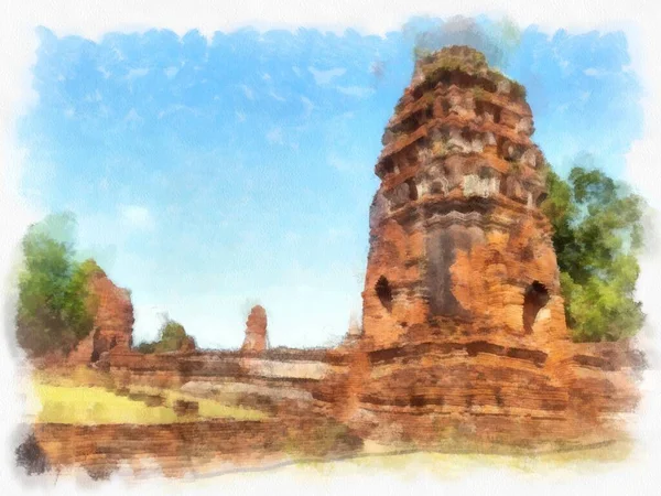 Krajobraz Starożytnych Ruin Ayutthaya Światowego Dziedzictwa Unesco Akwarela Styl Ilustracja — Zdjęcie stockowe