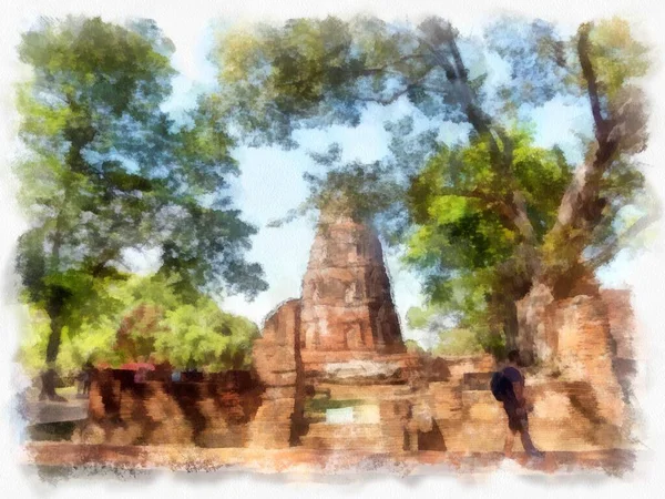 Paisagem Ruínas Antigas Ayutthaya Património Mundial Aquarela Estilo Ilustração Pintura — Fotografia de Stock