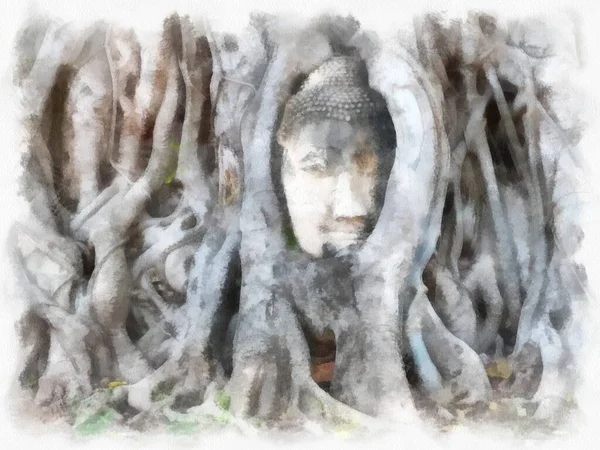 Krajina Starověkých Zřícenin Ayutthaya Světového Dědictví Site Akvarel Styl Ilustrace — Stock fotografie