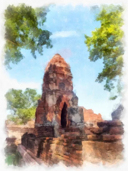 Τοπίο Των Αρχαίων Ερειπίων Στην Ayutthaya World Heritage Site Ακουαρέλα — Φωτογραφία Αρχείου