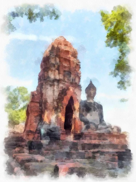 Landschap Van Oude Ruïnes Ayutthaya World Heritage Site Aquarel Stijl — Stockfoto