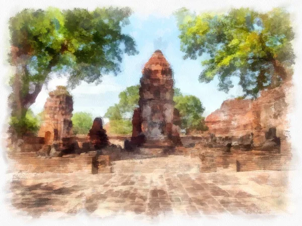 Landschaft Der Antiken Ruinen Ayutthaya World Heritage Site Aquarell Stil — Stockfoto