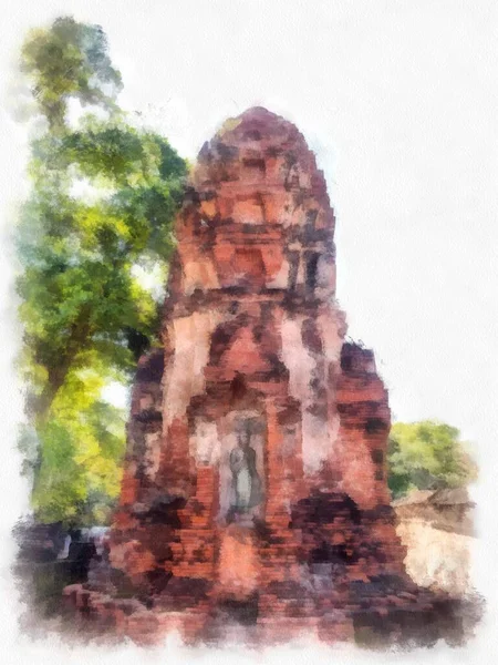Krajobraz Starożytnych Ruin Ayutthaya Światowego Dziedzictwa Unesco Akwarela Styl Ilustracja — Zdjęcie stockowe