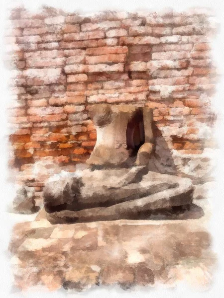 Ayutthaya 'daki antik harabelerin manzarası Dünya Mirası Sitesi suluboya resim illüstrasyon ressamı