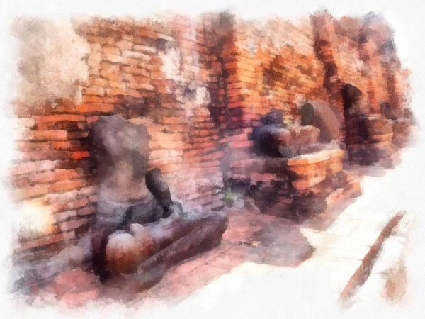 Ayutthaya 'daki antik harabelerin manzarası Dünya Mirası Sitesi suluboya resim illüstrasyon ressamı