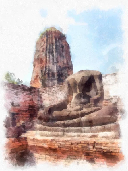 Krajina Starověkých Zřícenin Ayutthaya Světového Dědictví Site Akvarel Styl Ilustrace — Stock fotografie