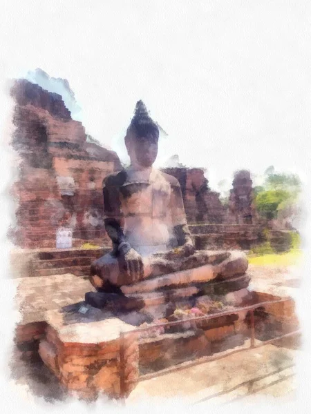 Paisaje Ruinas Antiguas Ayutthaya Patrimonio Humanidad Acuarela Estilo Ilustración Pintura —  Fotos de Stock