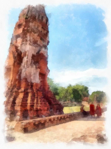 Paesaggio Antiche Rovine Ayutthaya Patrimonio Mondiale Dell Umanità Acquerello Stile — Foto Stock