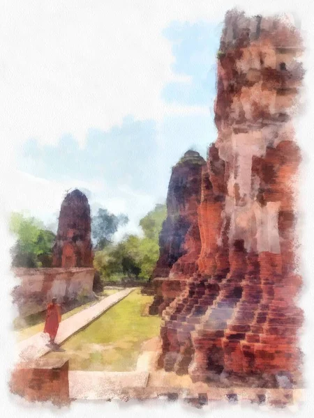 Ayutthaya Daki Antik Harabelerin Manzarası Dünya Mirası Sitesi Suluboya Resim — Stok fotoğraf