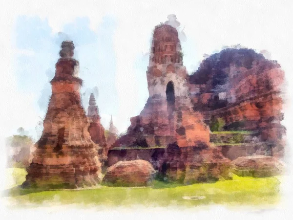 Landschap Van Oude Ruïnes Ayutthaya World Heritage Site Aquarel Stijl — Stockfoto