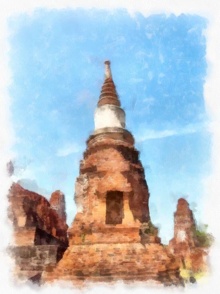 Lanskap Reruntuhan Kuno Situs Warisan Dunia Ayutthaya Gaya Cat Air — Stok Foto