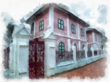 Antik binalar, Avrupa mimarisi, Gotik stil, renkli suluboya resim çizimi izlenimcisi