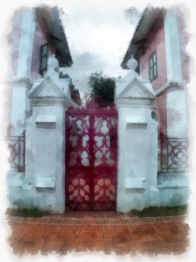 Antik binalar, Avrupa mimarisi, Gotik stil, renkli suluboya resim çizimi izlenimcisi