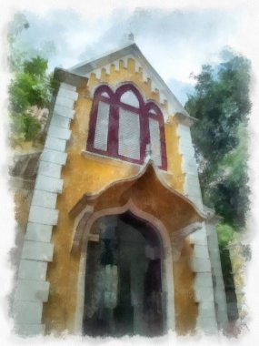 Antik binalar, Avrupa mimarisi, Gotik stil, renkli suluboya resim çizimi izlenimcisi