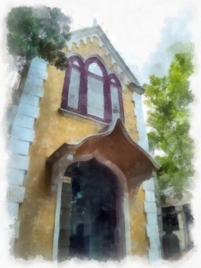 Antik binalar, Avrupa mimarisi, Gotik stil, renkli suluboya resim çizimi izlenimcisi