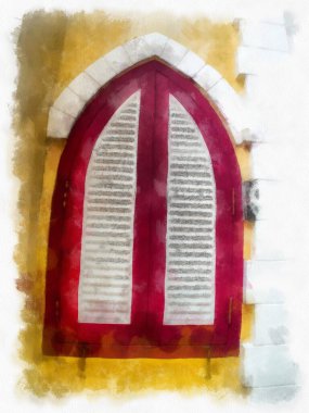 Antik binalar, Avrupa mimarisi, Gotik stil, renkli suluboya resim çizimi izlenimcisi