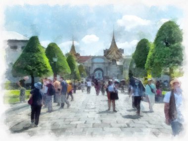 Büyük Saray 'ın manzarası, Bangkok' ta Wat Phra Kaew suluboya resim ressamı