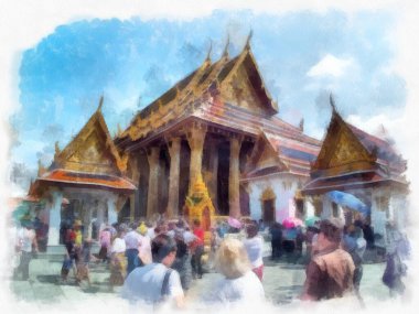 Büyük Saray 'ın manzarası, Bangkok' ta Wat Phra Kaew suluboya resim ressamı