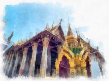 Büyük Saray 'ın manzarası, Bangkok' ta Wat Phra Kaew suluboya resim ressamı