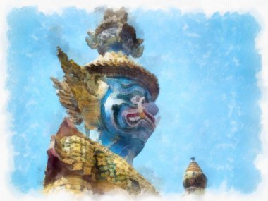 Büyük Saray 'daki antik dev heykel, Bangkok suluboya resim ressamı.