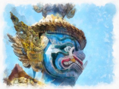 Büyük Saray 'daki antik dev heykel, Bangkok suluboya resim ressamı.