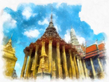Büyük Saray 'ın manzarası, Bangkok' ta Wat Phra Kaew suluboya resim ressamı