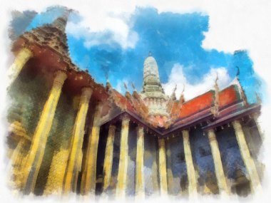 Büyük Saray 'ın manzarası, Bangkok' ta Wat Phra Kaew suluboya resim ressamı