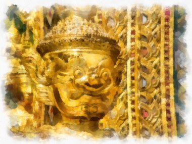 Büyük Saray 'daki antik dev heykel, Bangkok suluboya resim ressamı.