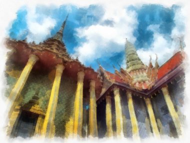 Büyük Saray 'ın manzarası, Bangkok' ta Wat Phra Kaew suluboya resim ressamı