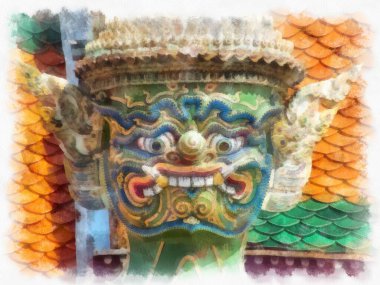 Büyük Saray 'daki antik dev heykel, Bangkok suluboya resim ressamı.