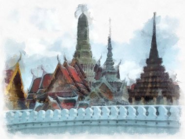 Büyük Saray 'ın manzarası, Bangkok' ta Wat Phra Kaew suluboya resim ressamı