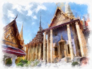 Büyük Saray 'ın manzarası, Bangkok' ta Wat Phra Kaew suluboya resim ressamı