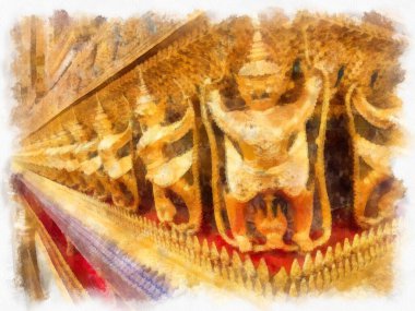 Büyük Saray 'ın manzarası, Bangkok' ta Wat Phra Kaew suluboya resim ressamı