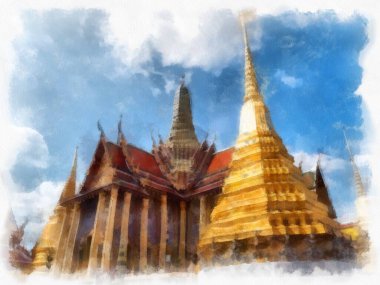Büyük Saray 'ın manzarası, Bangkok' ta Wat Phra Kaew suluboya resim ressamı