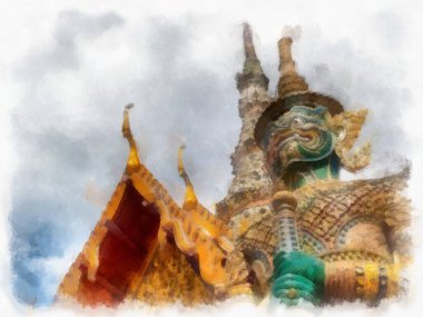 Büyük Saray 'daki antik dev heykel, Bangkok suluboya resim ressamı.