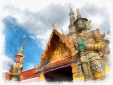 Büyük Saray 'daki antik dev heykel, Bangkok suluboya resim ressamı.