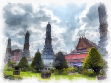 Büyük Saray 'ın manzarası, Bangkok' ta Wat Phra Kaew suluboya resim ressamı