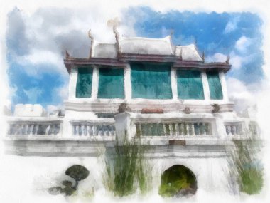 Büyük Saray 'ın manzarası, Bangkok' ta Wat Phra Kaew suluboya resim ressamı