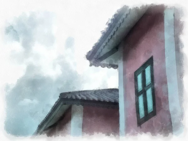 Antik binalar, Avrupa mimarisi, Gotik stil, renkli suluboya resim çizimi izlenimcisi