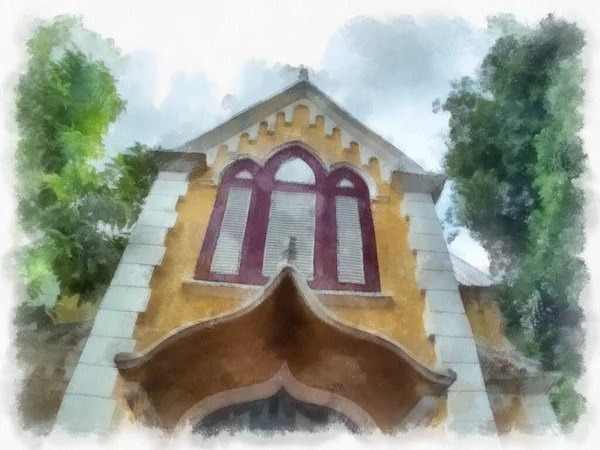 Antik binalar, Avrupa mimarisi, Gotik stil, renkli suluboya resim çizimi izlenimcisi