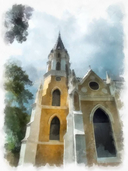 Antik Hıristiyan Kilisesi, Avrupa Mimarisi, Gotik Tarz, Sarı suluboya resim çizimi