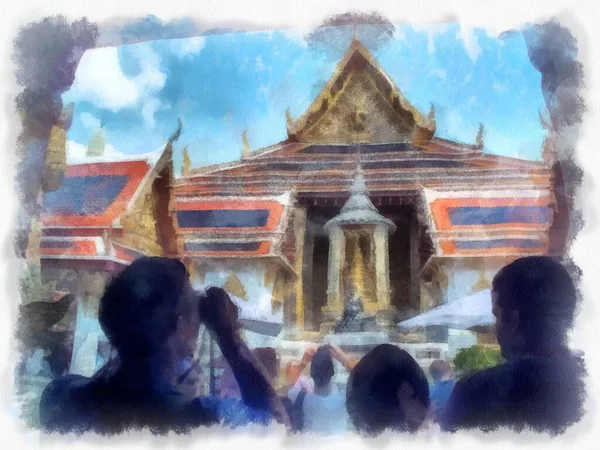 Paysage Grand Palais Wat Phra Kaew Bangkok Aquarelle Style Illustration — Photo
