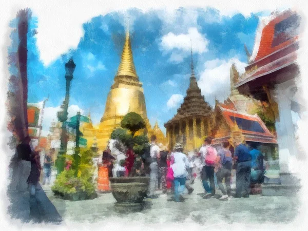 Paisagem Grande Palácio Wat Phra Kaew Bangkok Aquarela Estilo Ilustração — Fotografia de Stock