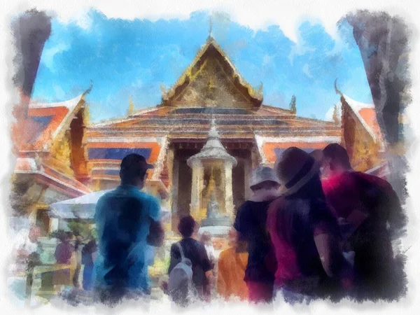 Landschap Van Het Grand Palace Wat Phra Kaew Bangkok Aquarel — Stockfoto