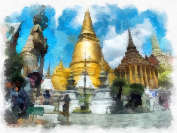 Τοπίο Του Μεγάλου Παλατιού Wat Phra Kaew Στην Μπανγκόκ Ακουαρέλα — Φωτογραφία Αρχείου