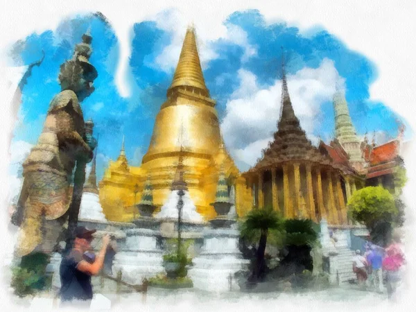 Landschaft Des Großen Palastes Wat Phra Kaew Bangkok Aquarell Stil — Stockfoto