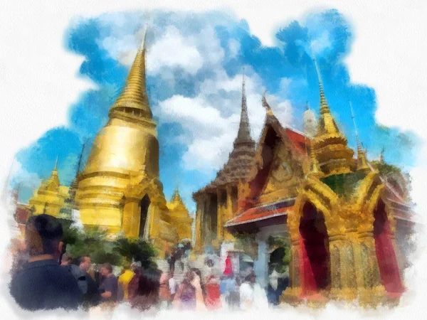 Paisagem Grande Palácio Wat Phra Kaew Bangkok Aquarela Estilo Ilustração — Fotografia de Stock